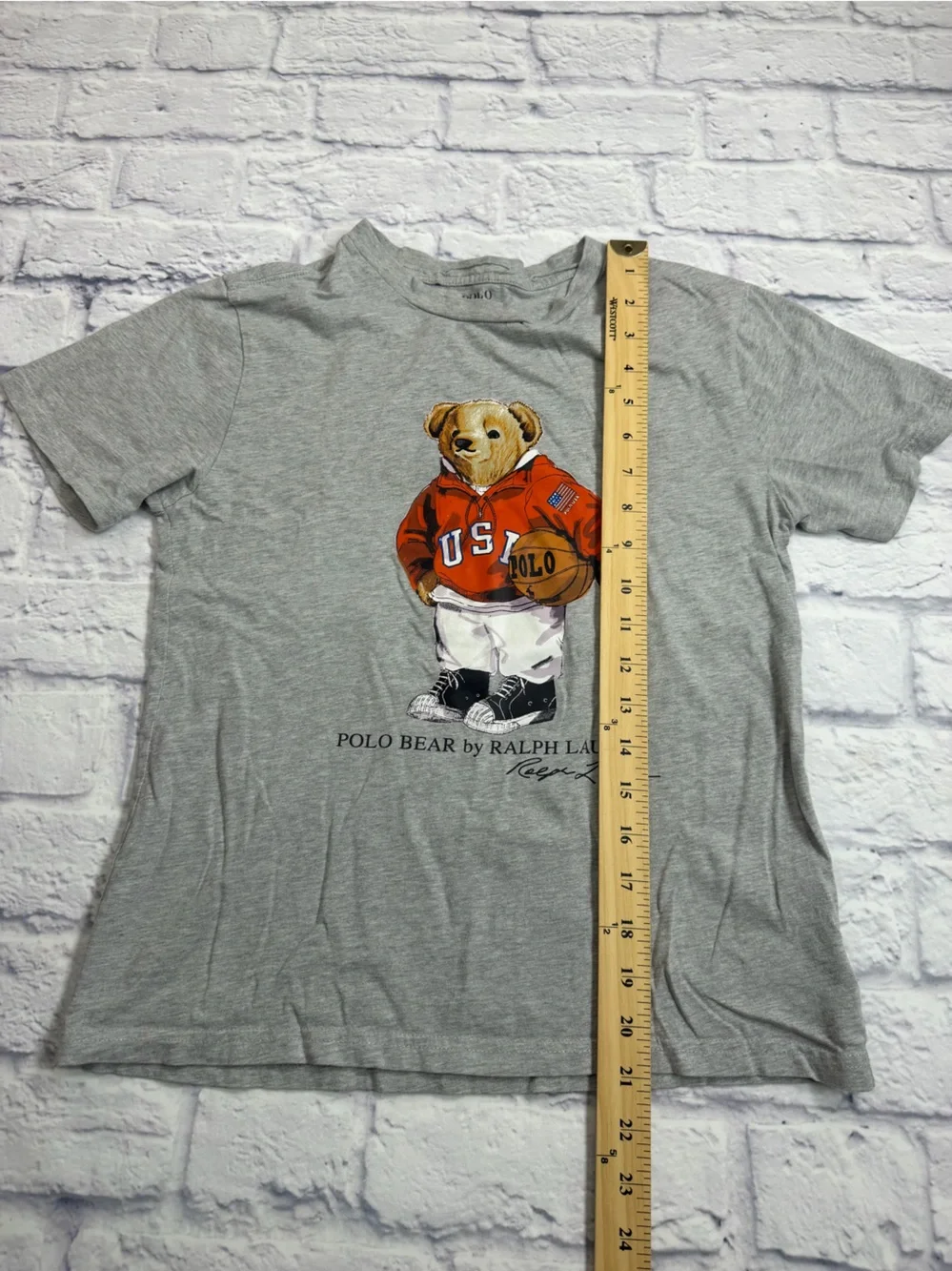Ralph Lauren Polo Bear Graphic Tee - Gray with Red Accent. Boys Size 14/16 Large